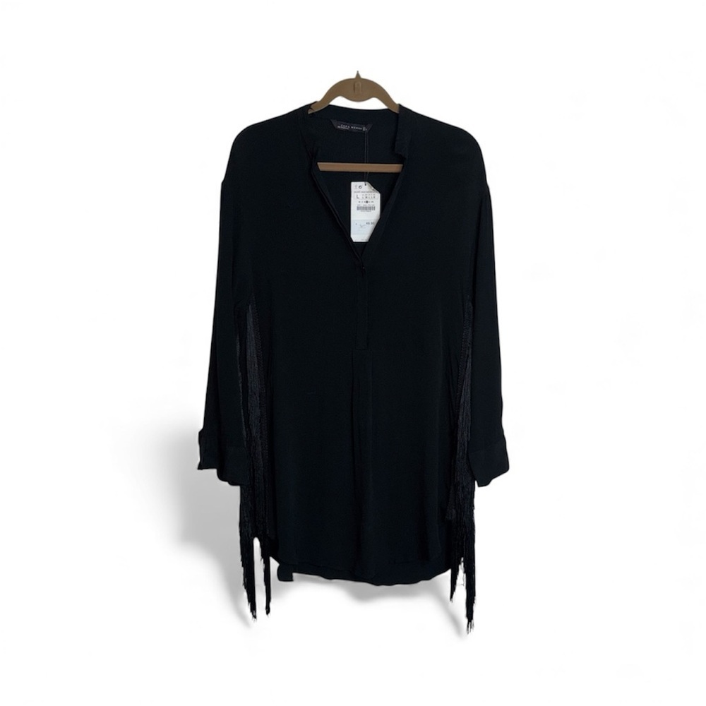 Zara Black Fringe Sleeve Blouse Tunic Dress Large